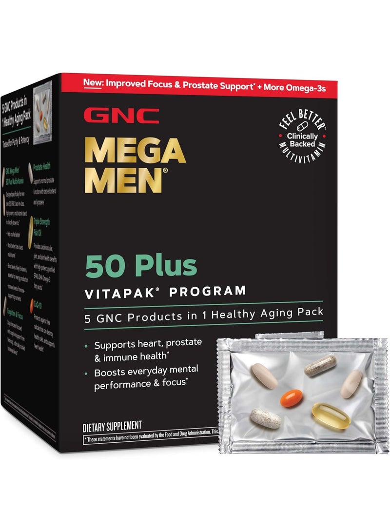 GNC Mega Men 50 Plus Vitapak Program, Convenient Complete Nutrition, 5 Products in 1 Vitamin Pack, Multivitamin, Fish Oil, Mental Sharpness, Ginkgo, Prostate Health, 30 Packets, 30 Day Supply - Image 1